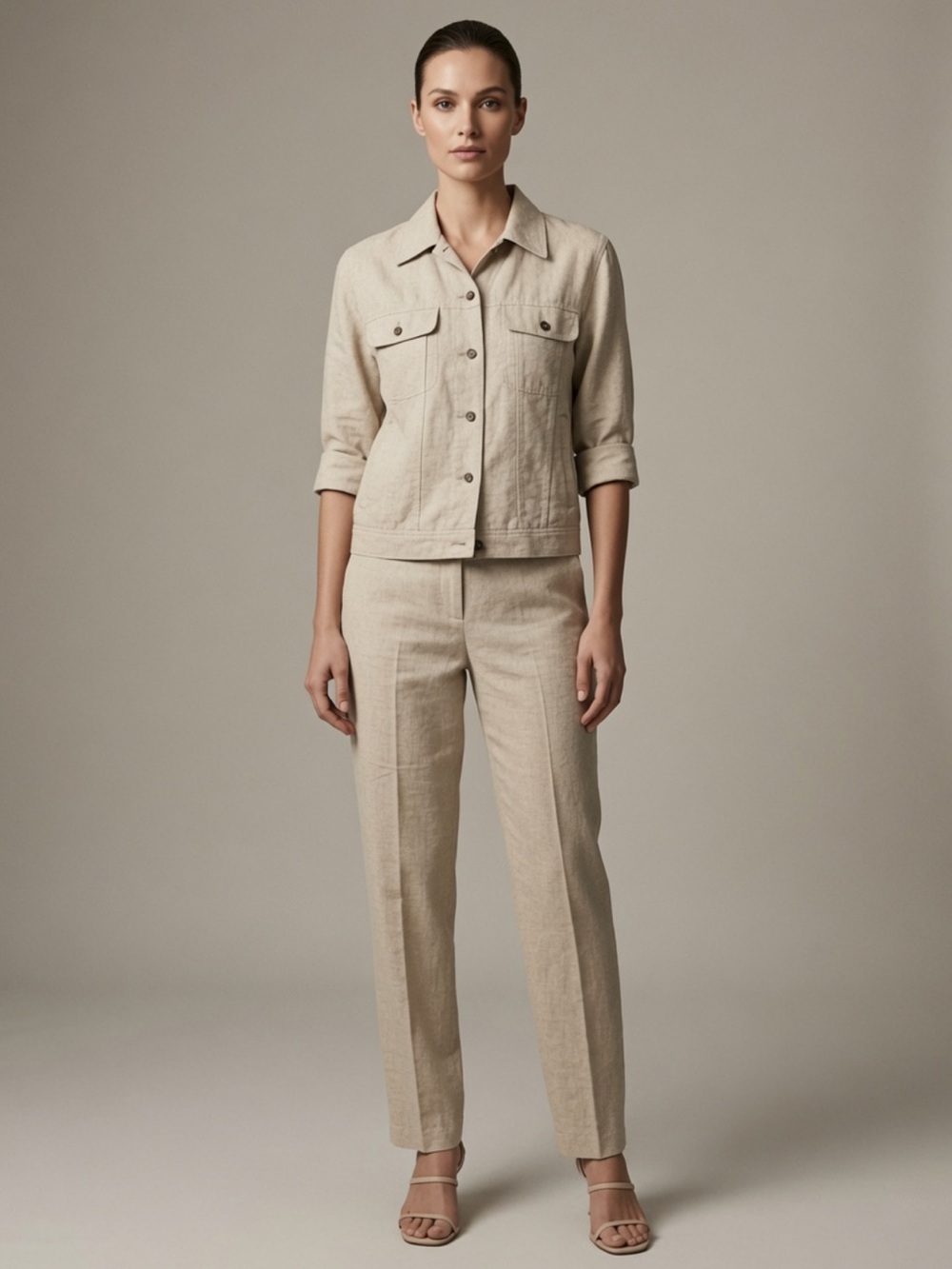 Vintage Two-Piece Beige Linen Blend Jacket & Pants Set